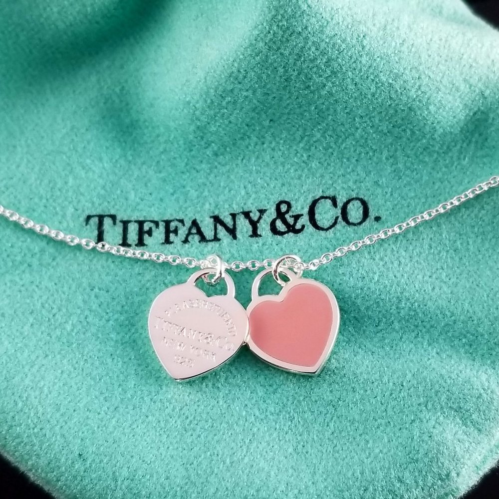 Tiffany Pink Mini Double Heart Silver Necklace 17"